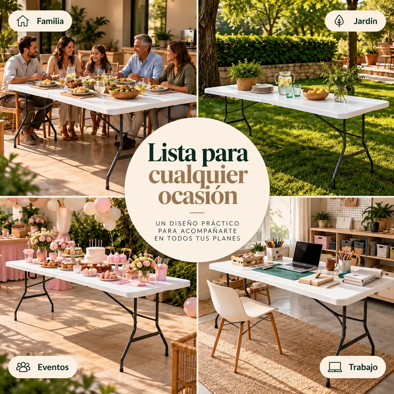 La mesa plegable CASÁLIA en momentos en familia, en el jardín, en eventos y en el trabajo