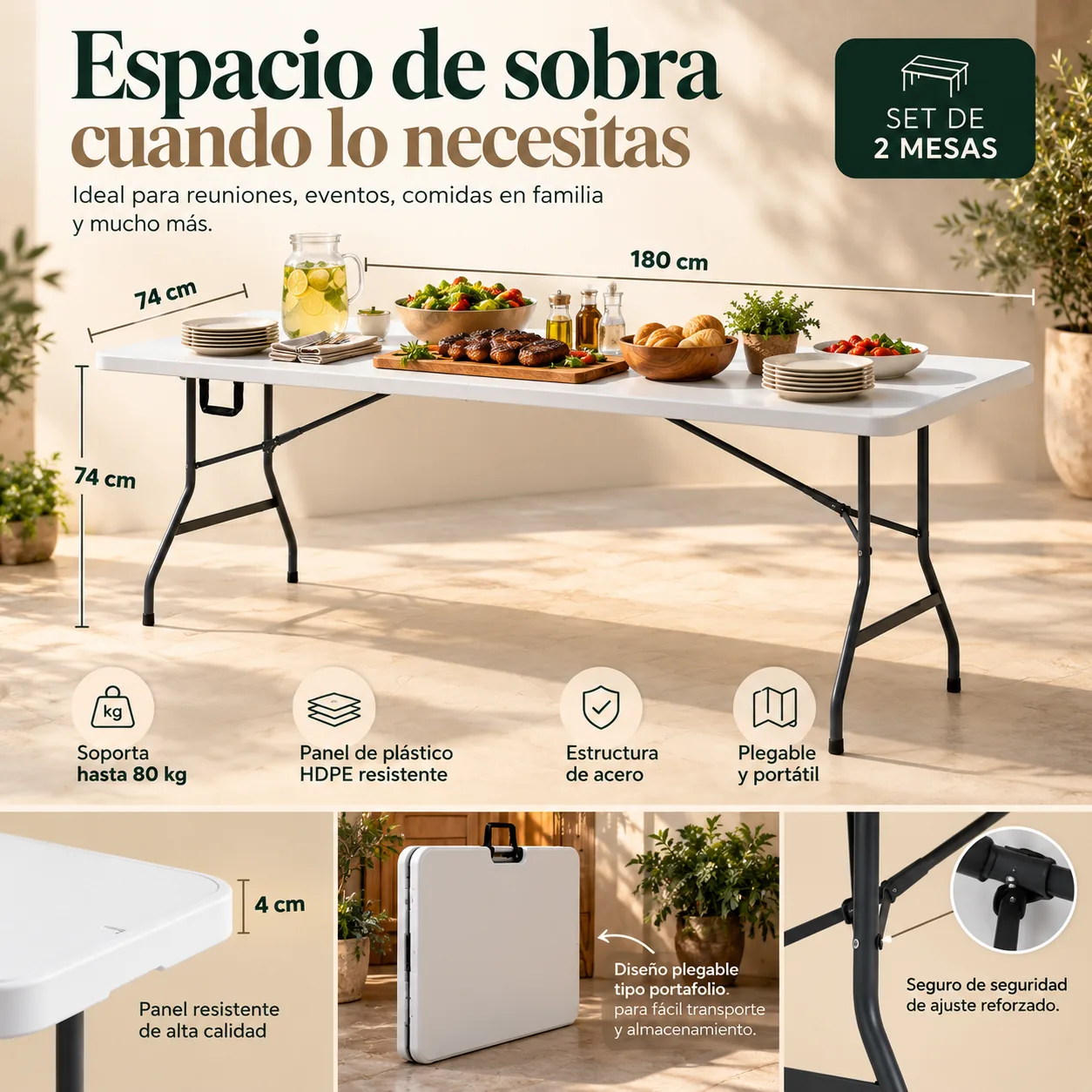 Medidas y materiales de la mesa plegable CASÁLIA de 180 cm