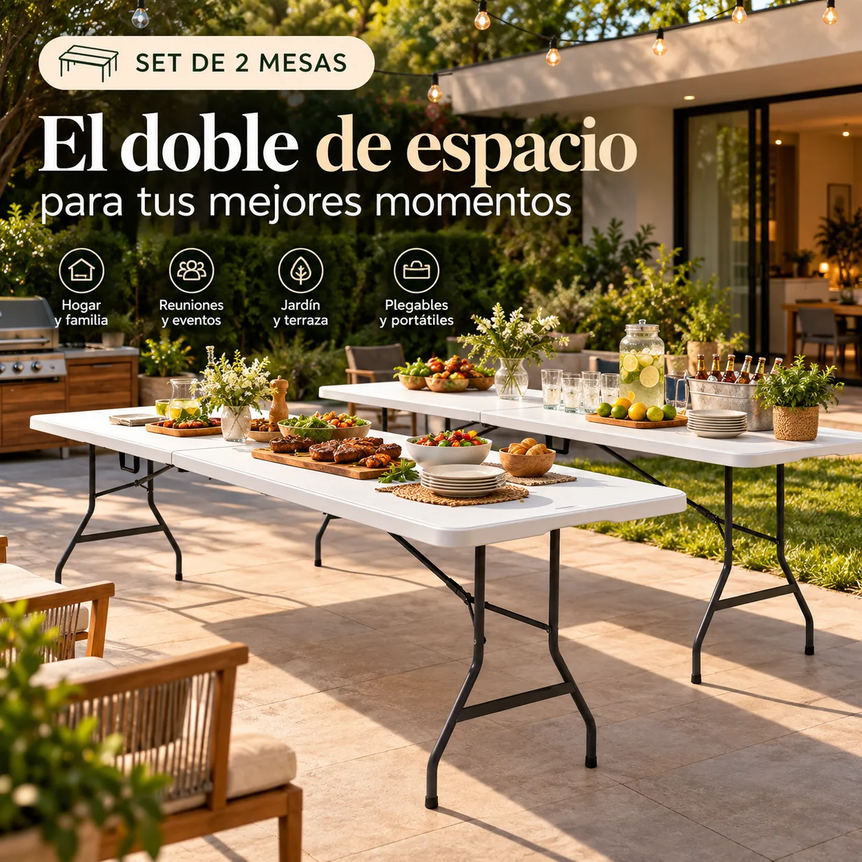 Dos mesas plegables blancas CASÁLIA en una terraza