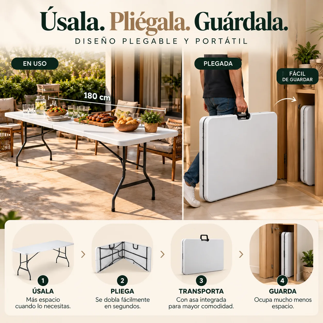 Mesa plegable CASÁLIA abierta, plegada y guardada